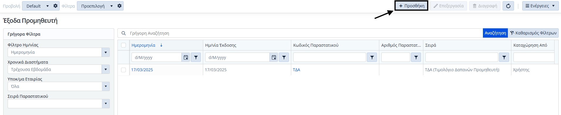Έξοδα Προμηθευτή, Λίστα