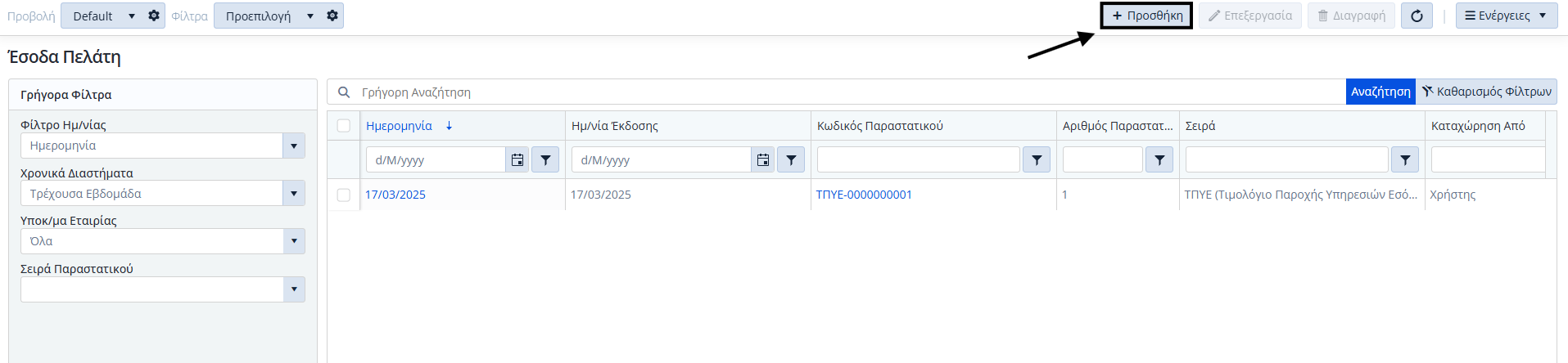 Έσοδα Πελάτη, Λίστα