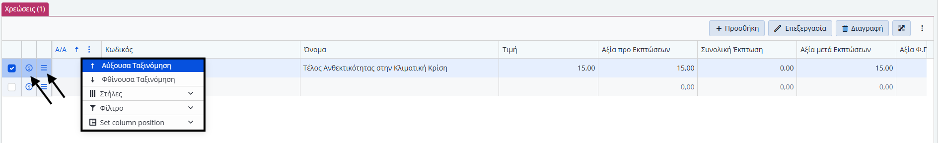 Έσοδα Πελάτη, Πληροφορίες γραμμών χρεώσεων