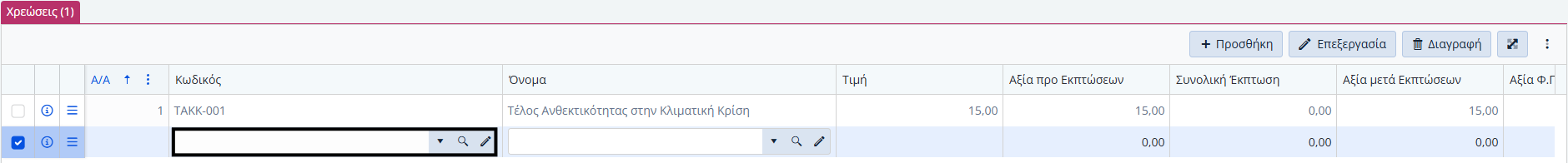 Έσοδα Πελάτη, Χρεώσεις