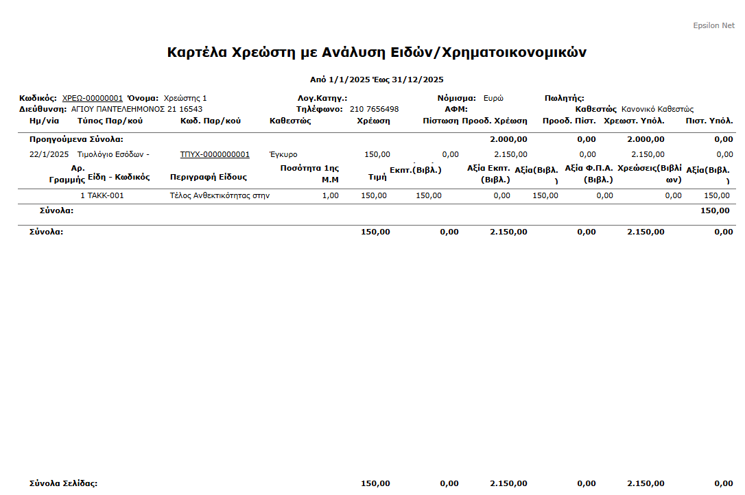 Εκτ- Χρεώστες, Καρτέλα με ανάλυση Ειδών,Χρηματ