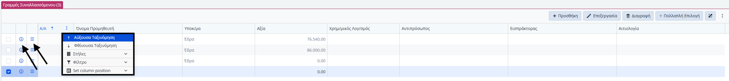 ΛΠ Προμηθευτή -  Πληροφορίες και Ενέργειες Γραμμών