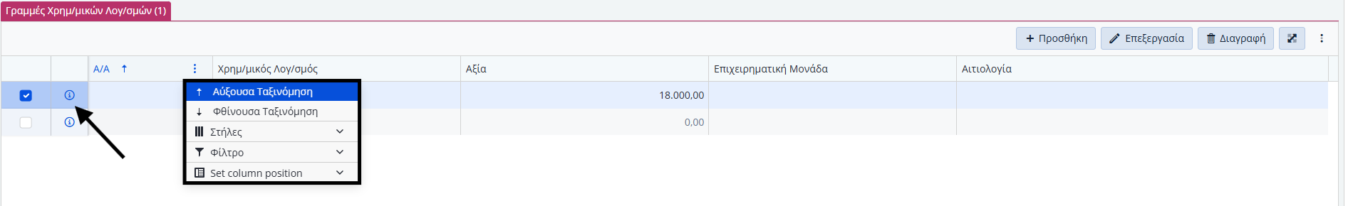 ΛΠ Χρημ.Λογαριασμών - Πληροφορίες Γραμμής