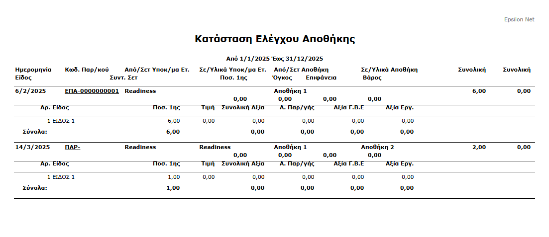 Εκτ - Κατάσταση Ελέγχου Αποθήκης