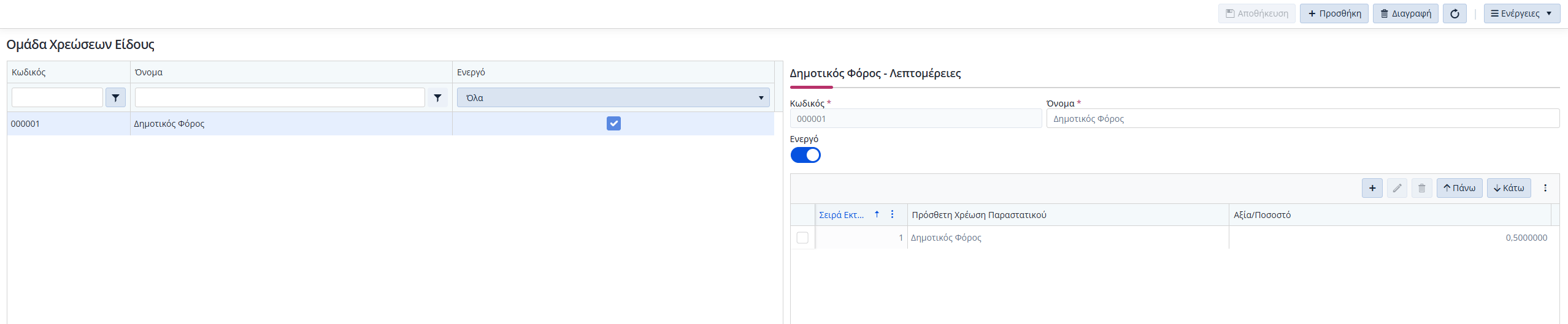 Πίνακες - Ομάδα Χρεώσεων είδους
