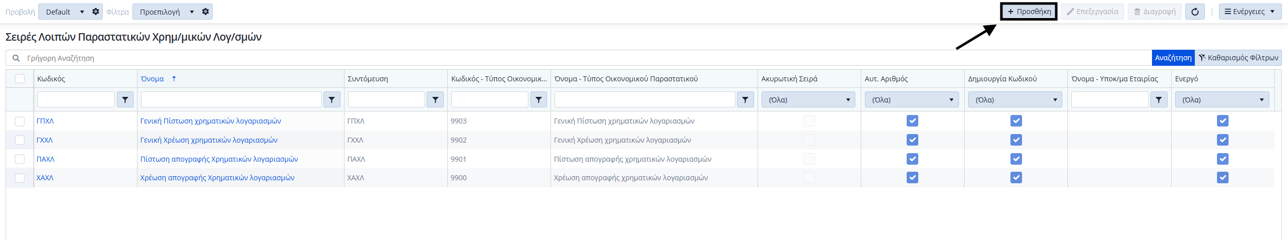 Σειρές Λοιπών Παραστατικών Χρημ.Λογ. - Λίστα