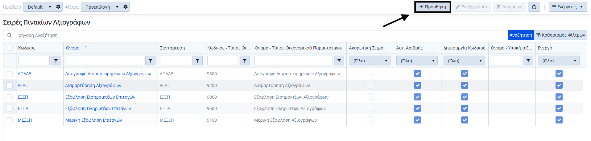 Σειρές Παραστατικών Πινάκια Αξιογράφων - Λίστα